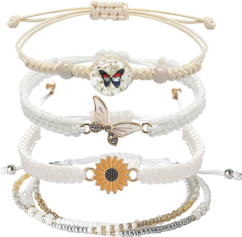 DS 4PCS String beads Charm Bracelets for Teen Girls Dainty cute cartoon Butterfly Daisy Eternal flower Beads Bracelets set for woman and girls Adjustable Stretch bracelet birthday Gift For Friends - Image 1